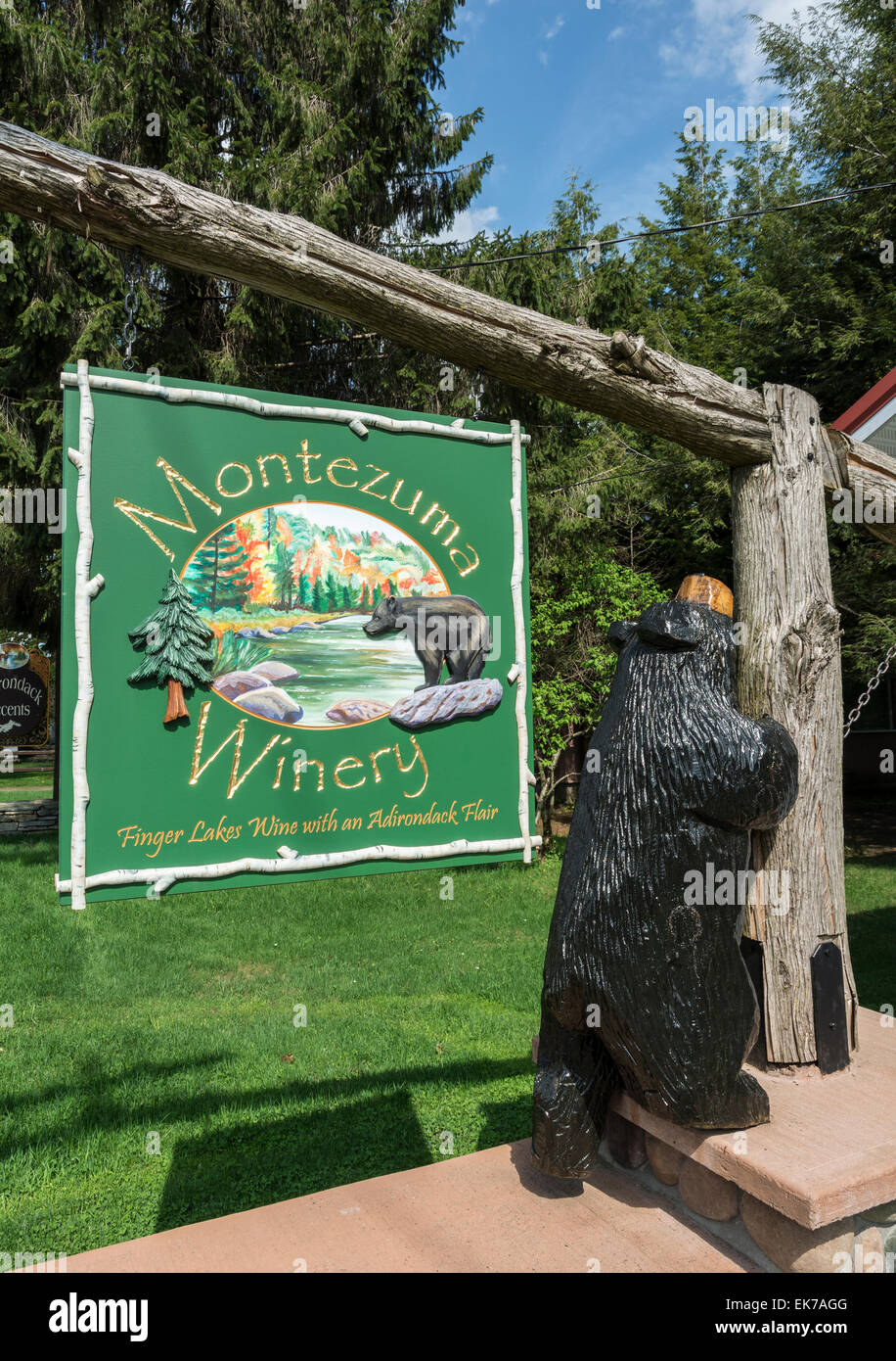 New York, Adirondack Park, Old Montezuma Winery Tasting Room, sign, bear wood sculpture