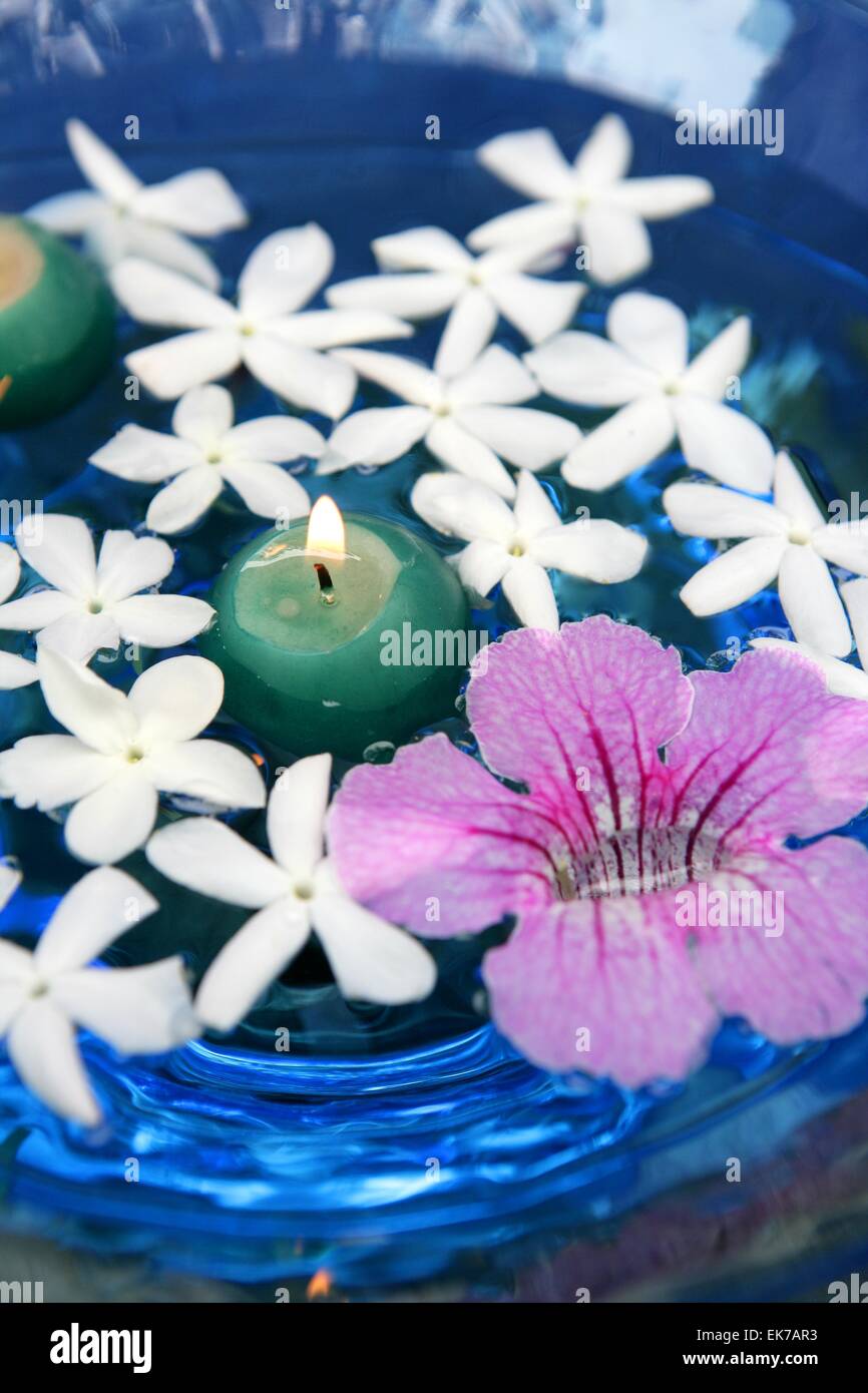 Jasmine, and pink Asarina, candles and blue water Stock Photo