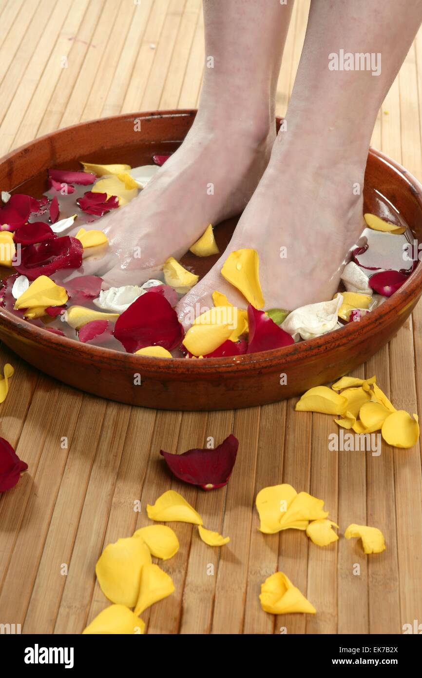 Aromatherapy, flowers feet bath, rose petal Stock Photo Alamy