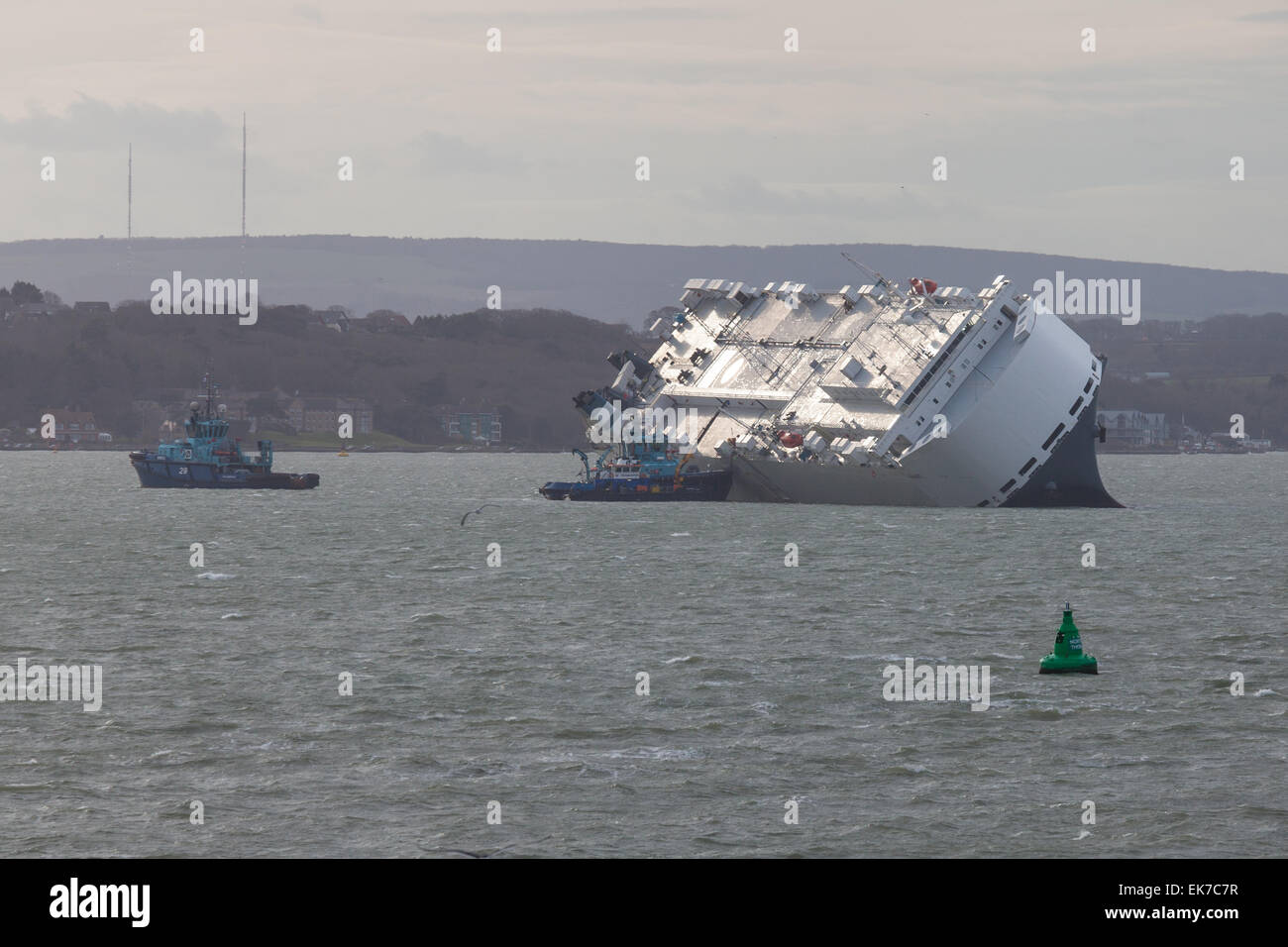 The stricken car carrier, Hoegh Osaka, which ran aground on Bramble Bank in the Solent Stock Photo