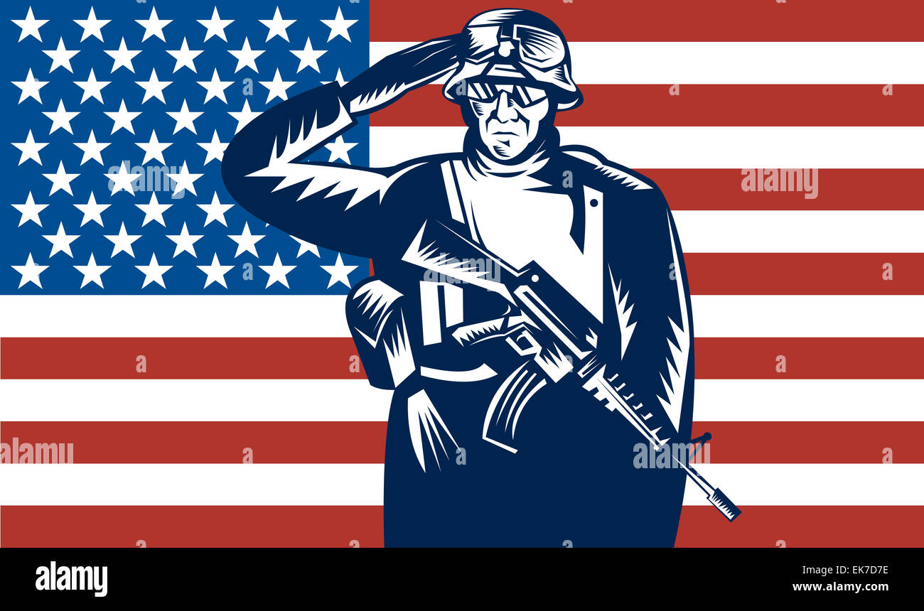 US military serviceman saluting  flag in the back Stock Photo