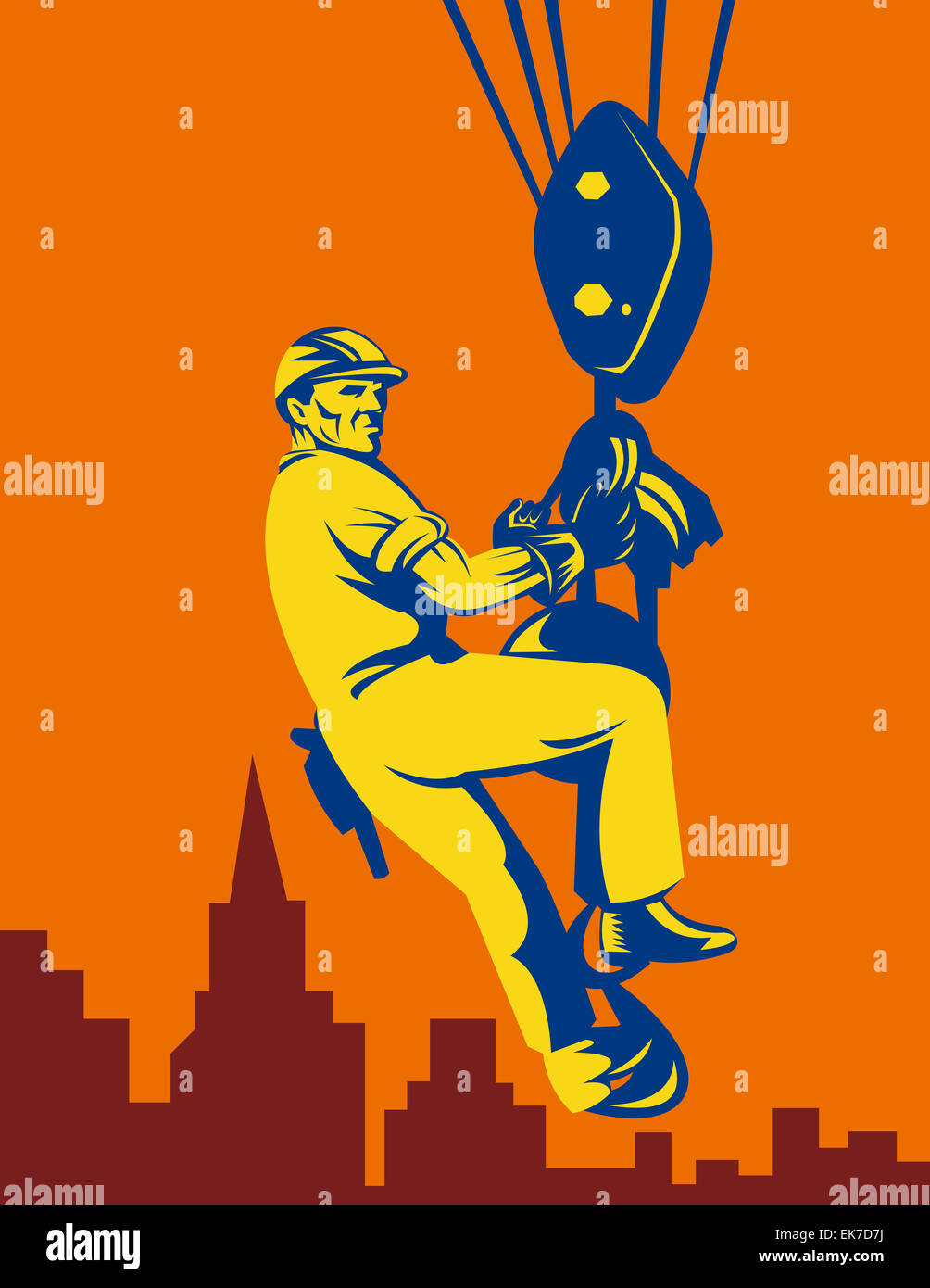 Construction worker being hoisted with buildings Stock Photo Alamy