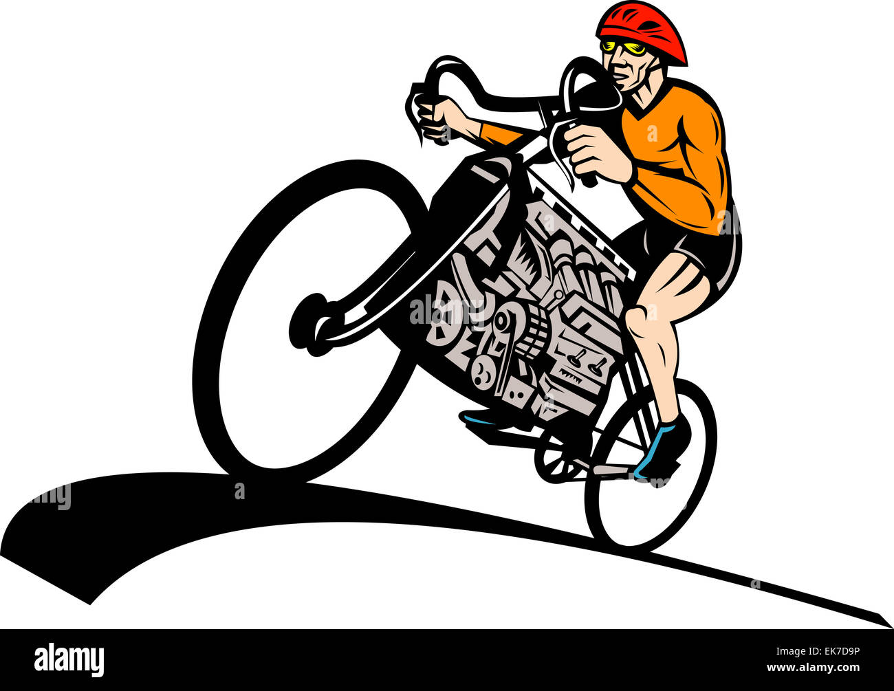 Cyclist riding racing bicycle with v8 car engine Stock Photo
