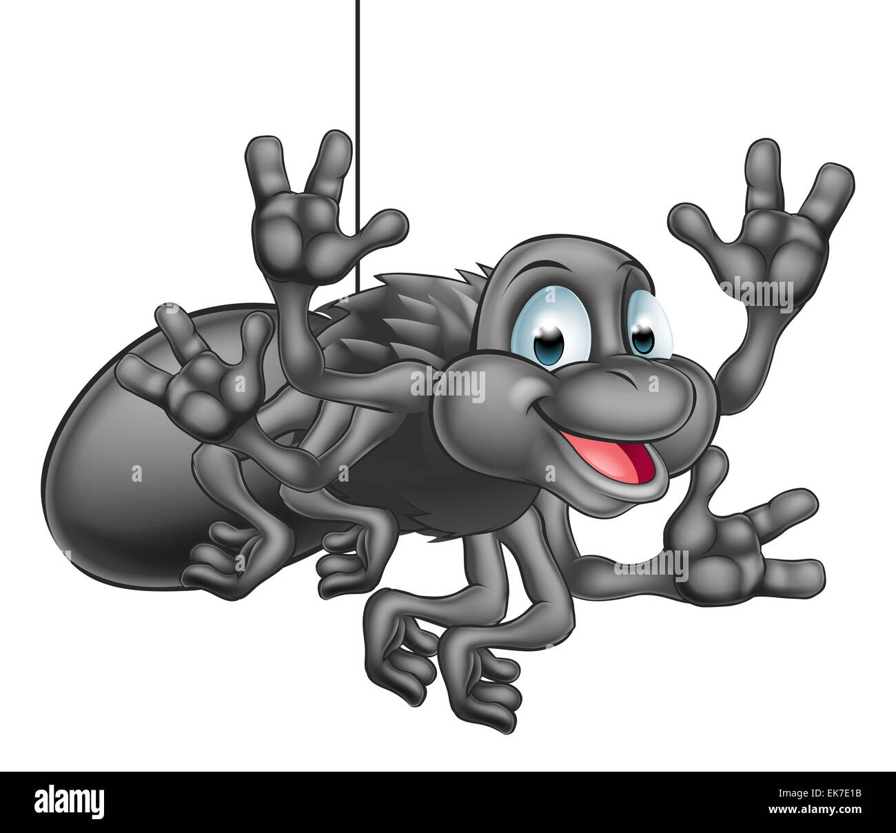 A happy cute cartoon spider hanging from its web and waving Stock Photo