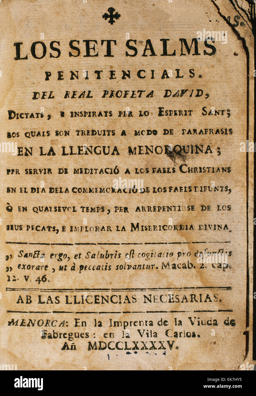 The seven Penitential Psalsms of David prophet. 1795. Ciutadella. Menorca. Balearic Islands. Spain. Stock Photo