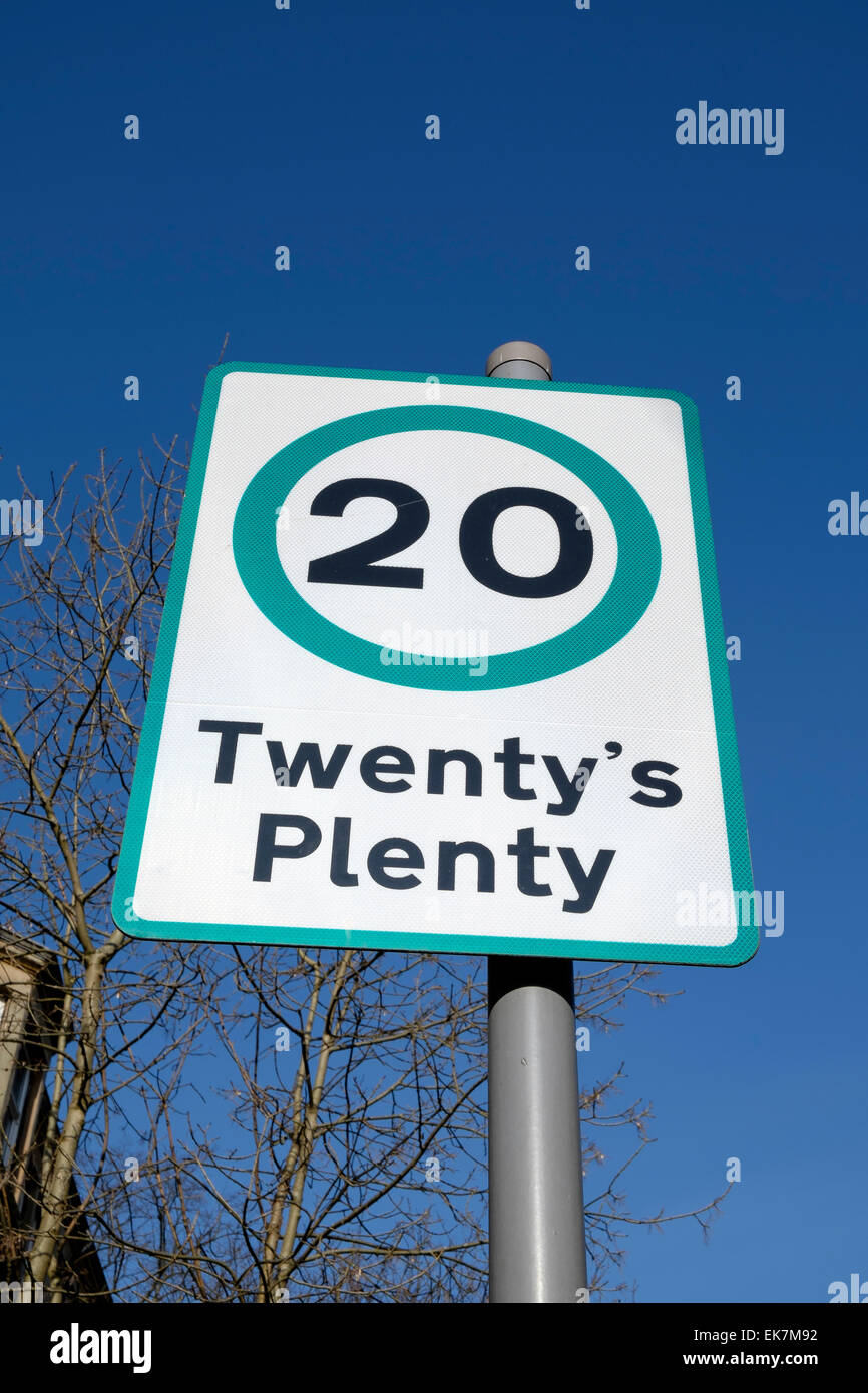 A Twenty's Plenty road sign with green border. Glasgow, Scotland, UK