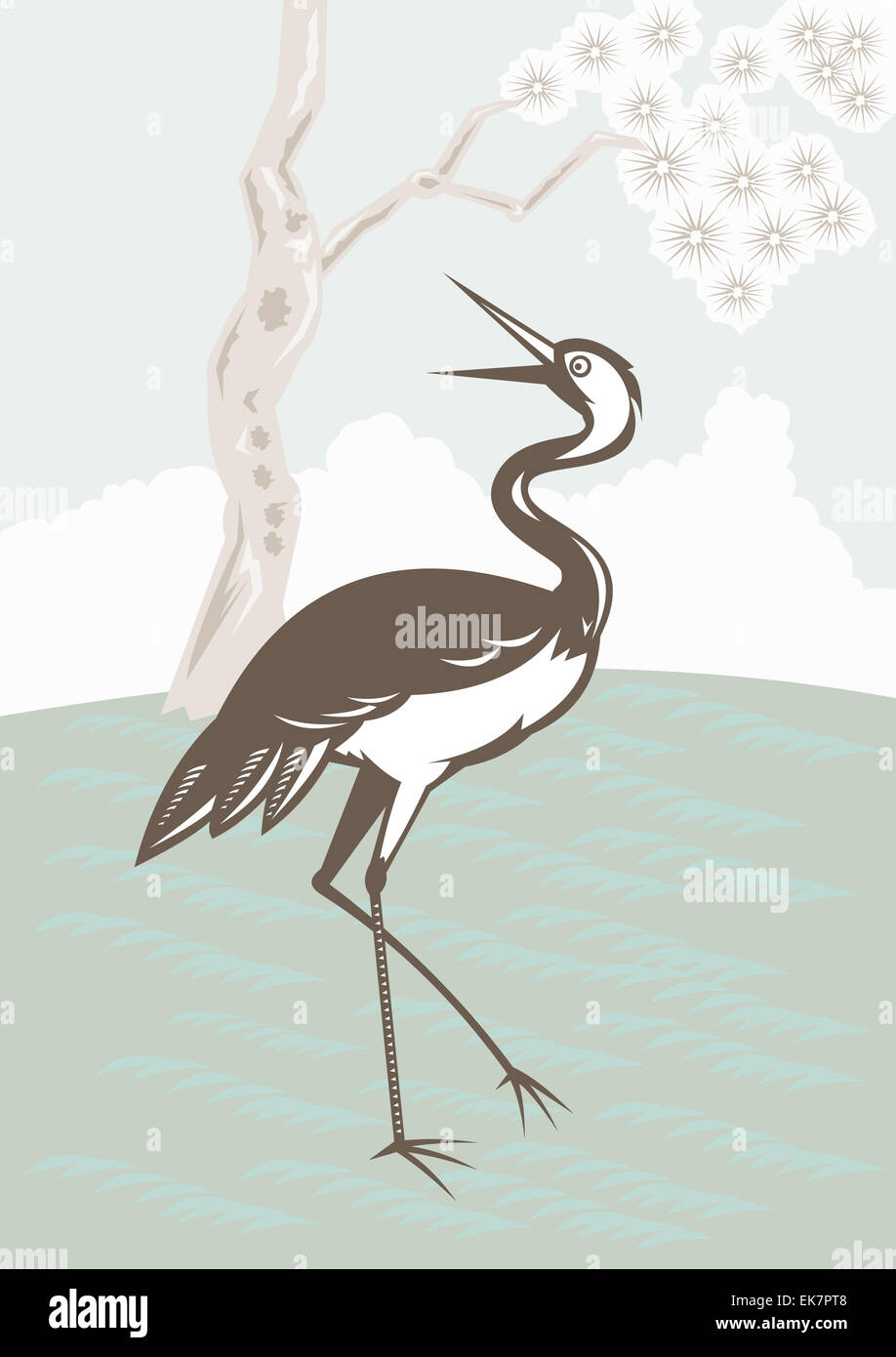 Crane looking up tree in background