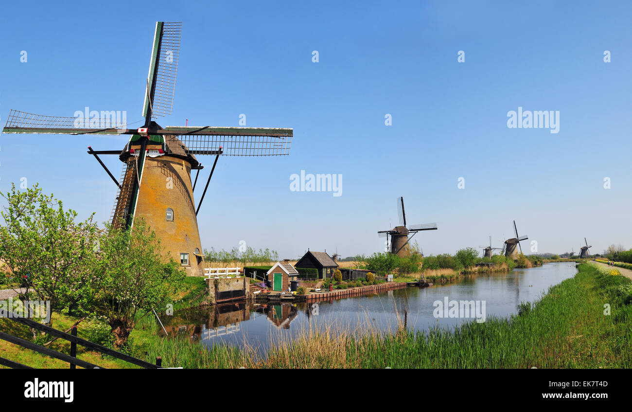 Vertical Panorama of canals and water mills Stock Photo