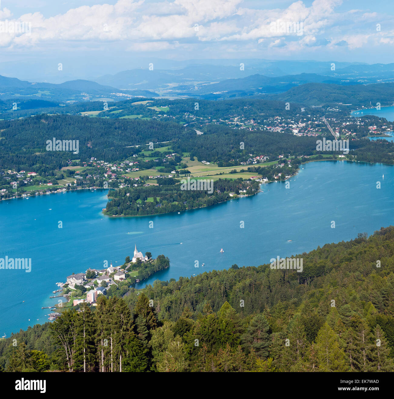 Panorama of Lake W├Ârthersee, bird's-eye view, Austria Stock Photo