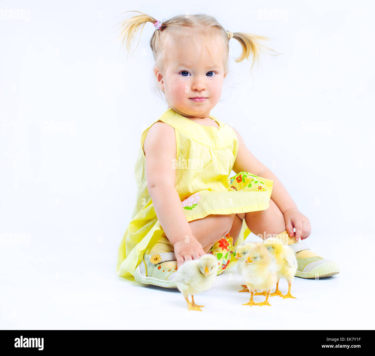 Cute little girl in a yellow dress with really live chickens. Stock Photo