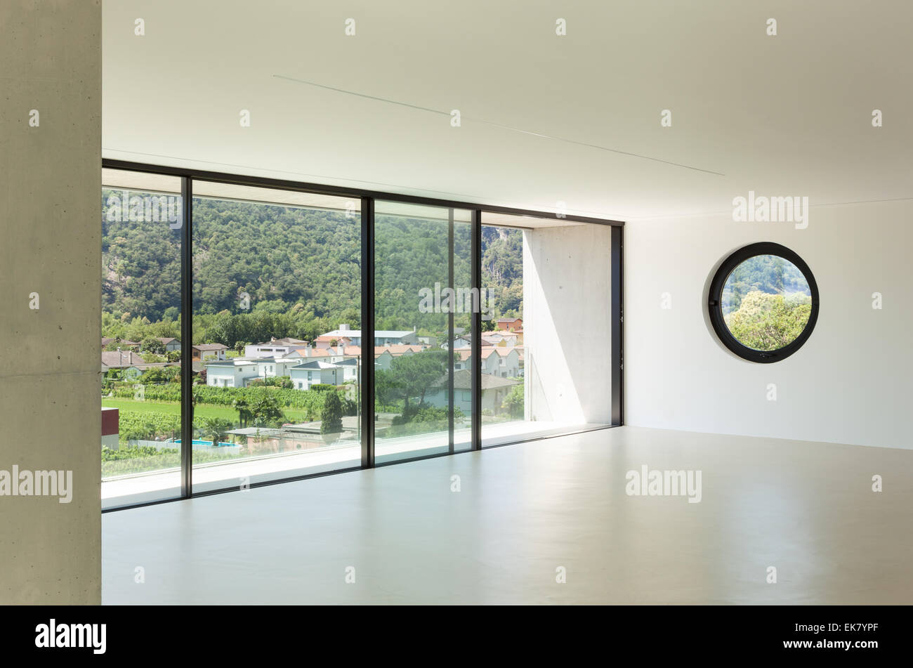 House, interior, modern architecture, wide room, view from window Stock Photo