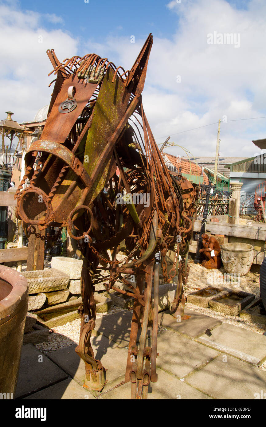 Iron horse made from scrap iron at the Wells Reclamation yard in Wells Somerset England Stock Photo