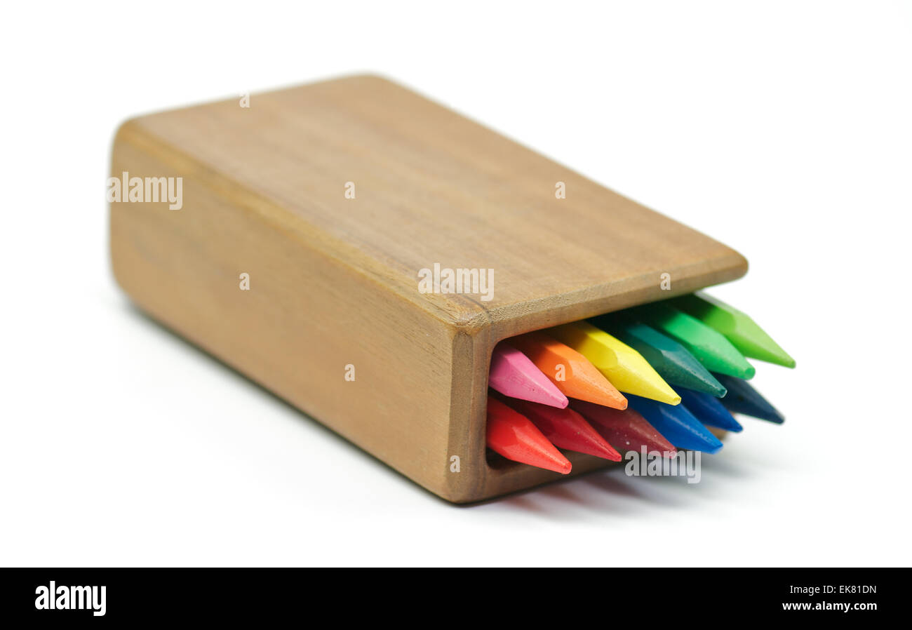 Rainbow Colored pencils in wooden case Stock Photo Alamy