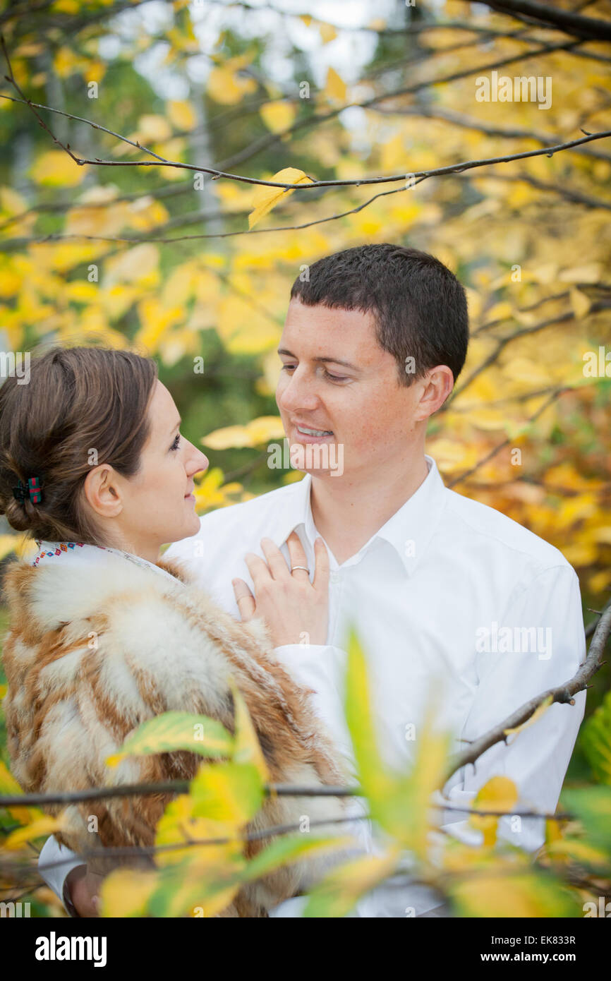 Romantic young beautiful couple on autumn walk Stock Photo - Alamy