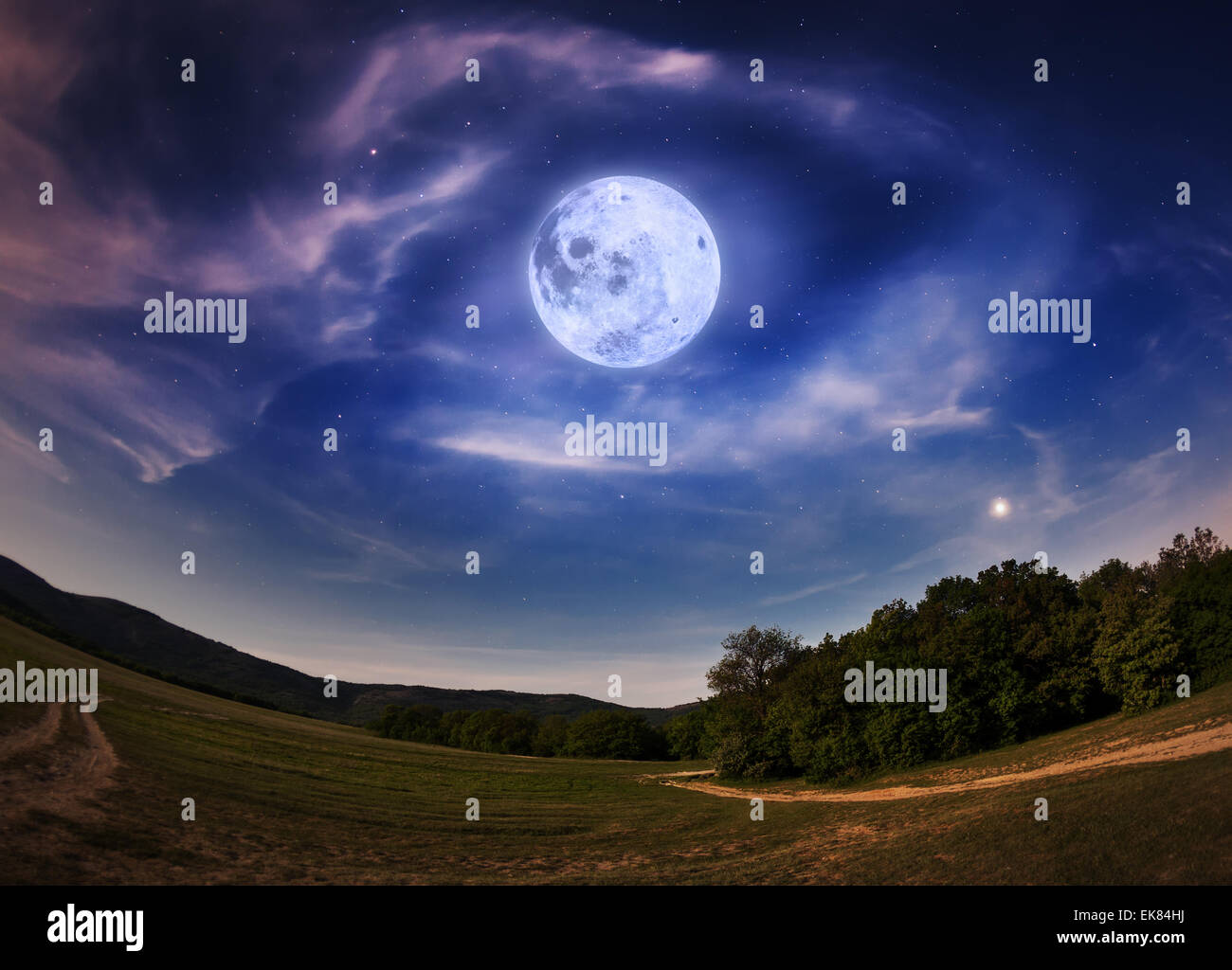 Beautiful night sky with the full moon and stars. Spring in Crimea Stock Photo