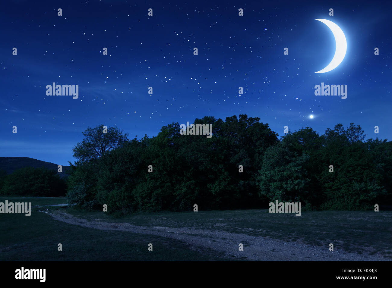 Beautiful night sky with the moon and stars. Spring in Crimea Stock Photo