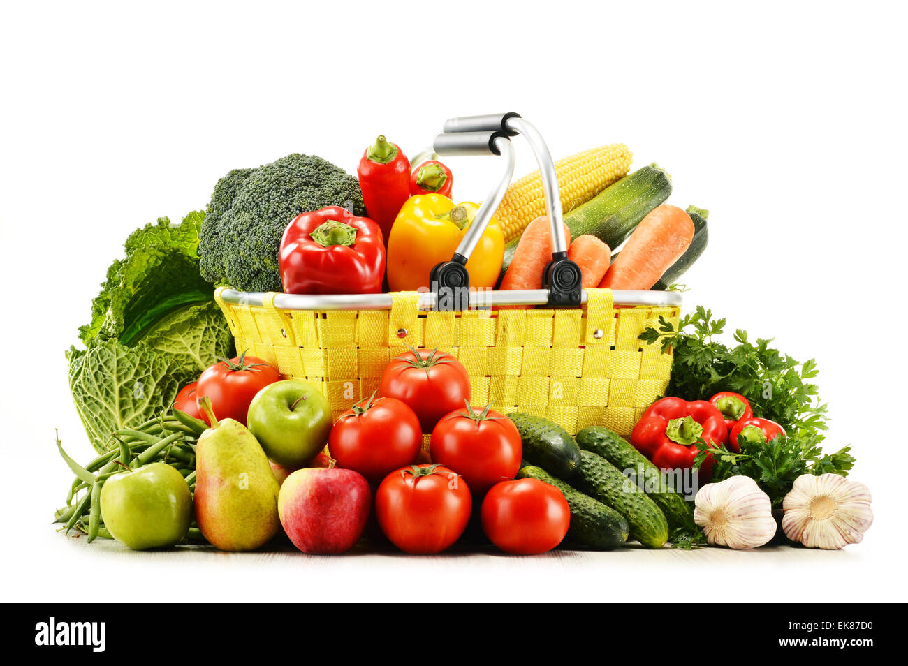Shopping basket with groceries isolated on white background Stock Photo