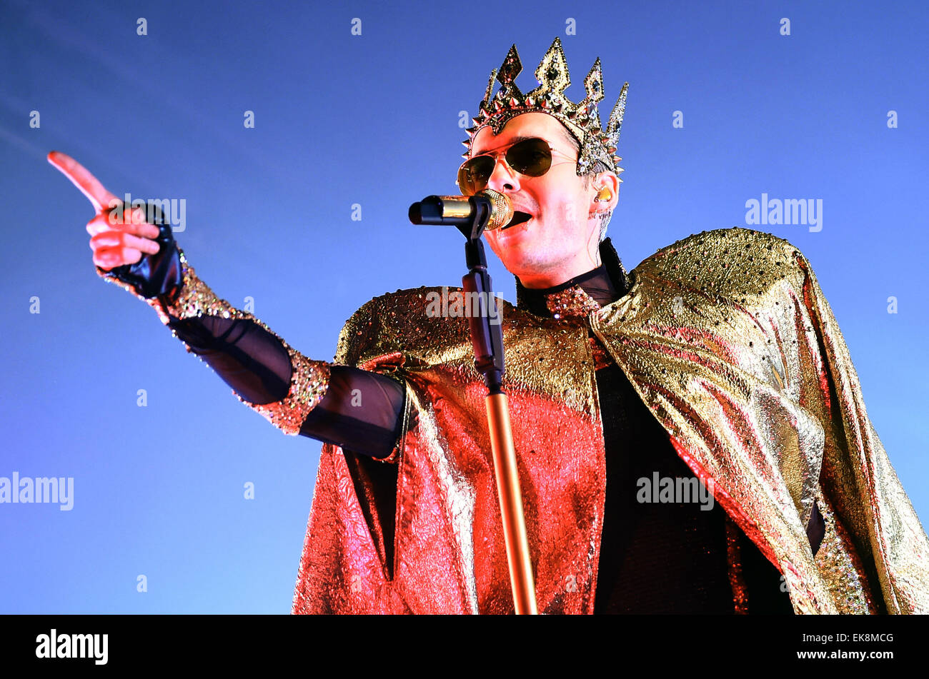 Singer Bill Kaulitz of the band Tokio Hotel performs on stage during their 'Feel it All - World Tour 2015' in Berlin, Germany, 23 March 2015. Photo: Britta Pedersen/dpa Stock Photo