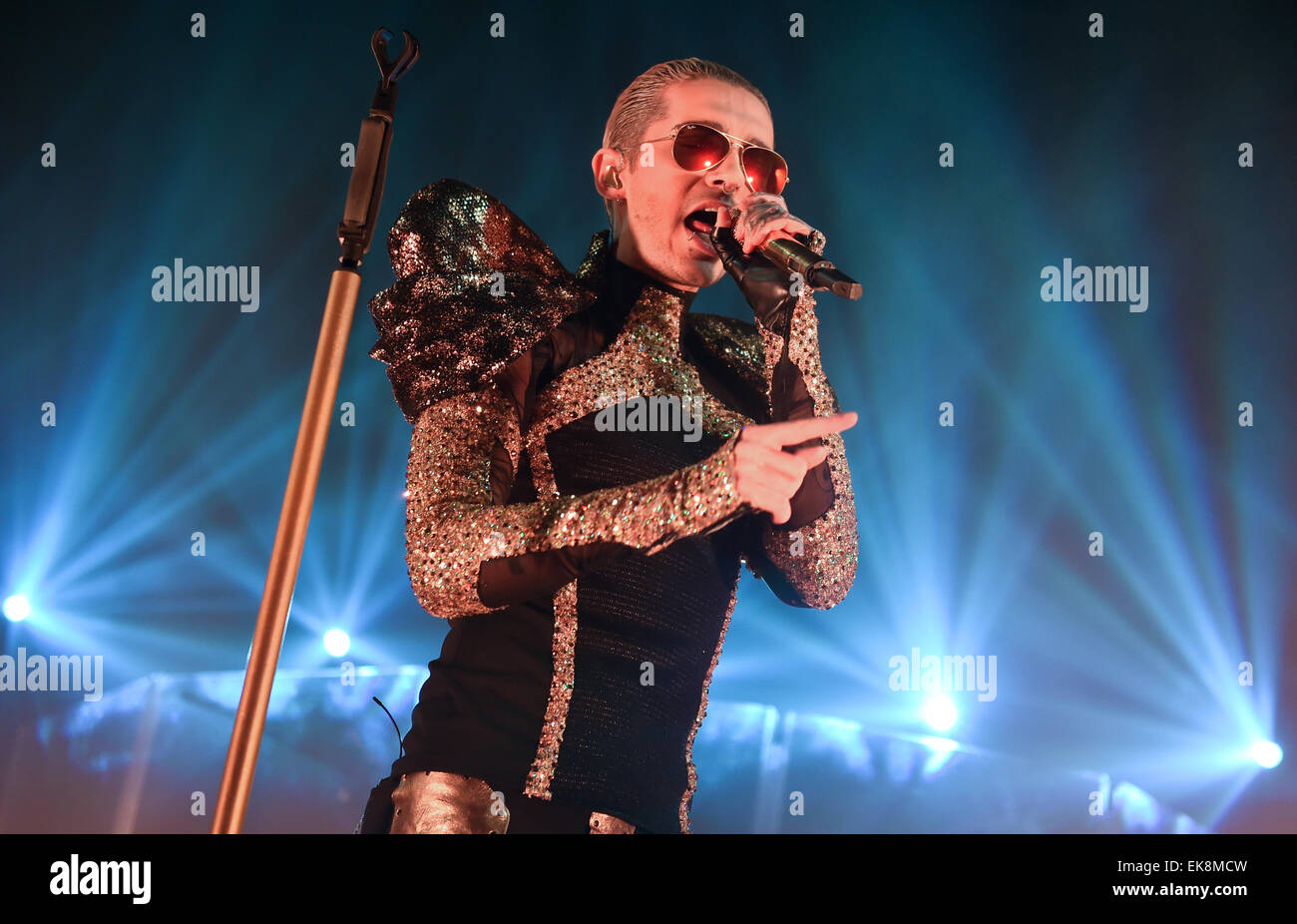 Singer Bill Kaulitz of the band Tokio Hotel performs on stage during their 'Feel it All - World Tour 2015' in Berlin, Germany, 23 March 2015. Photo: Britta Pedersen/dpa Stock Photo