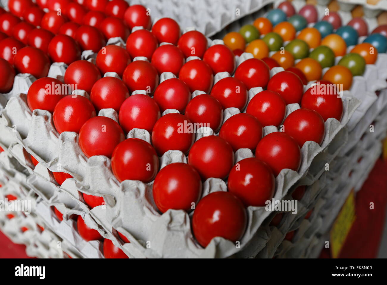 Traditional red eggs are on sale in the central meat market in Athens