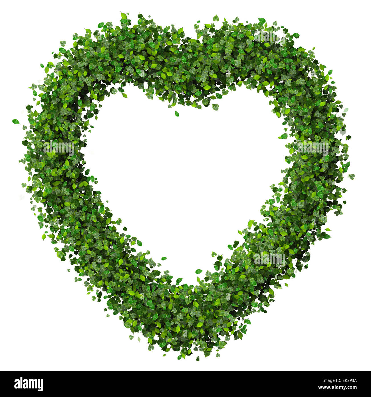 Heart made from green leaves isolated on white background. 3D render ...