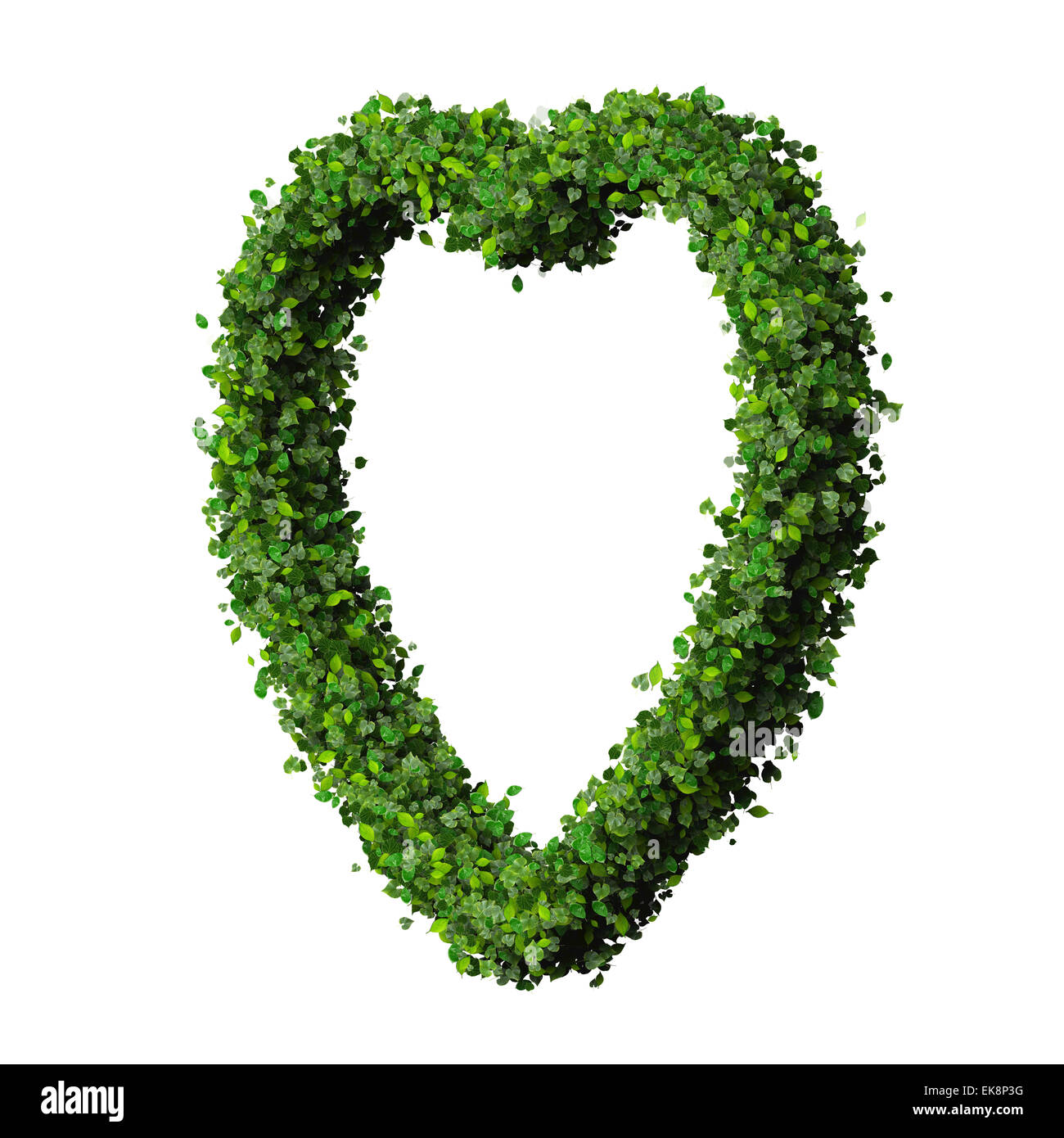 Heart made from green leaves isolated on white background. 3D render ...