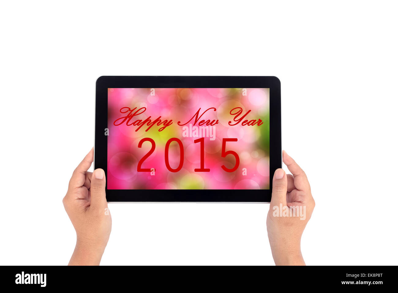 Hand holding tablet with text happy new year 2015 Stock Photo