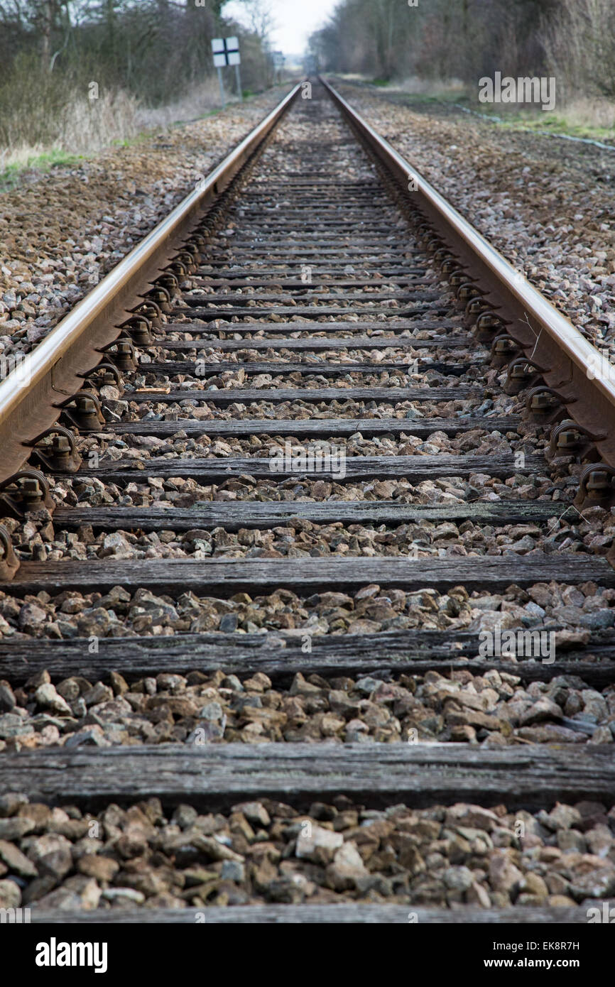 Low angle of train tracks in Suffolk,England Stock Photo