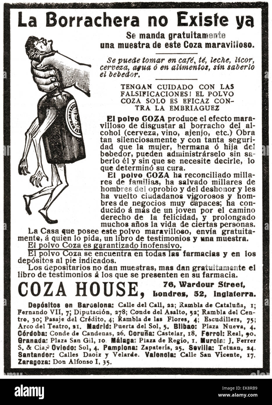 La Borrachera no existe ya.  Drunkenness is finished.  Spanish advertisement for Polvos Coza or Coza Powders.  A marvellous powder which apparently produced repugnance to all kinds of alcoholic drinks and cured alcoholism. Stock Photo