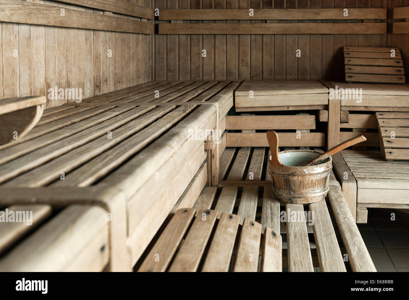 Spa wooden sauna interior with water bucket Stock Photo Alamy