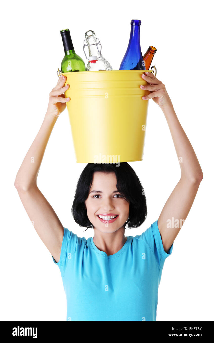 Beautiful young woman holding recycling bin Stock Photo Alamy