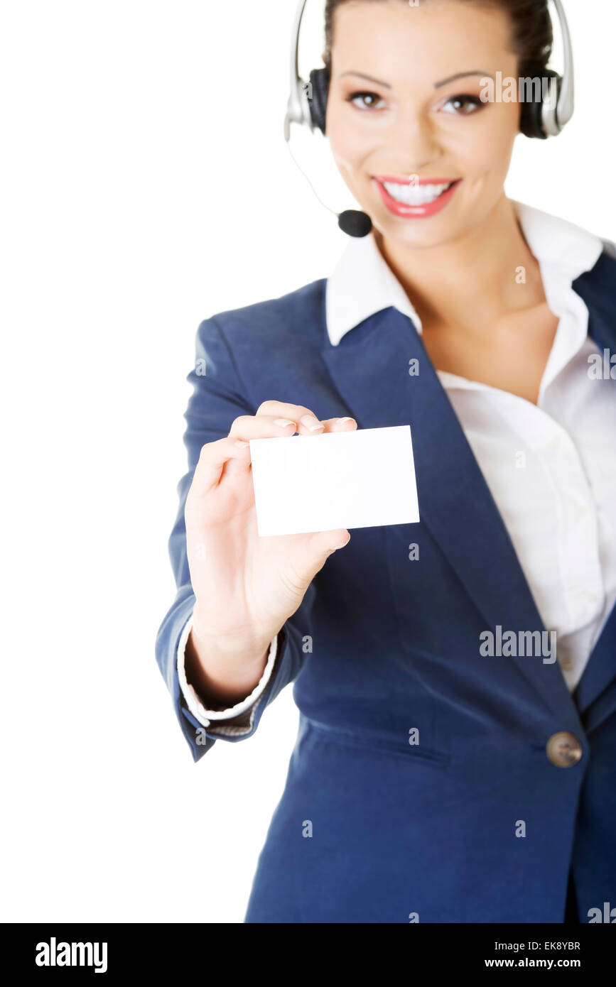 Customer service representative holding businesscard Stock Photo - Alamy