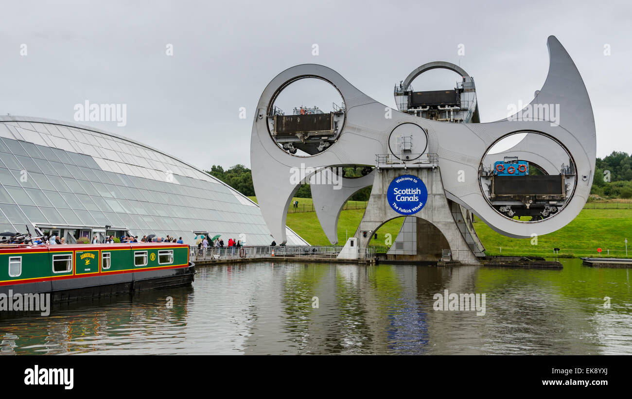 The Falkirk Wheel in Scotland, a lift system for boats connecting the Forth and Clyde Canal to the Grand Union canal above. Stock Photo