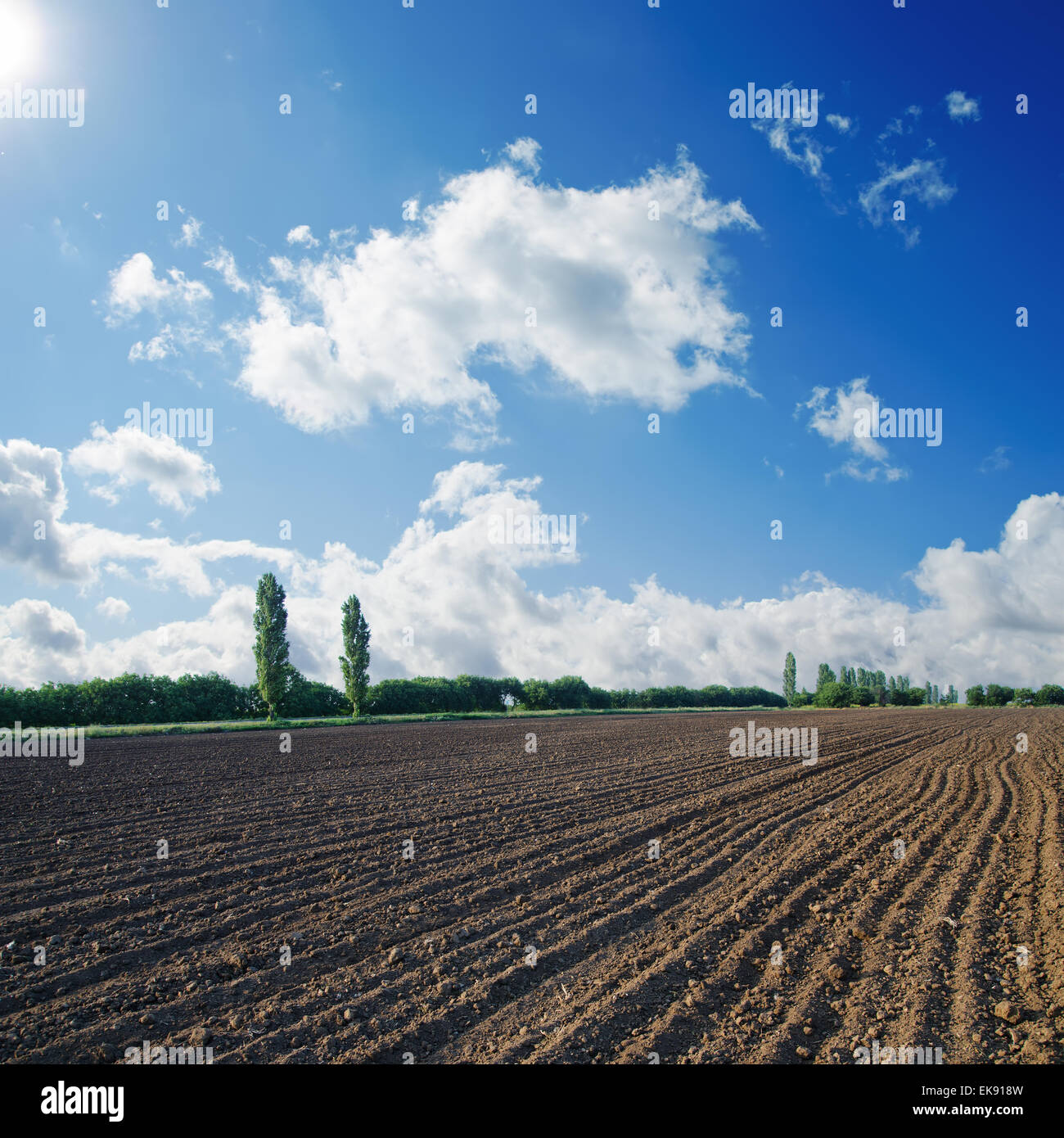 black ploughed field under blue sky with sun Stock Photo - Alamy