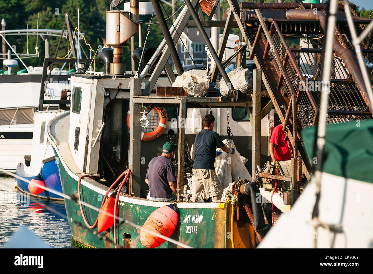 Quahog fisherman off-loading the days catch, Rock Harbor, Orleans, Cape Cod, Massachusetts, USA Stock Photo