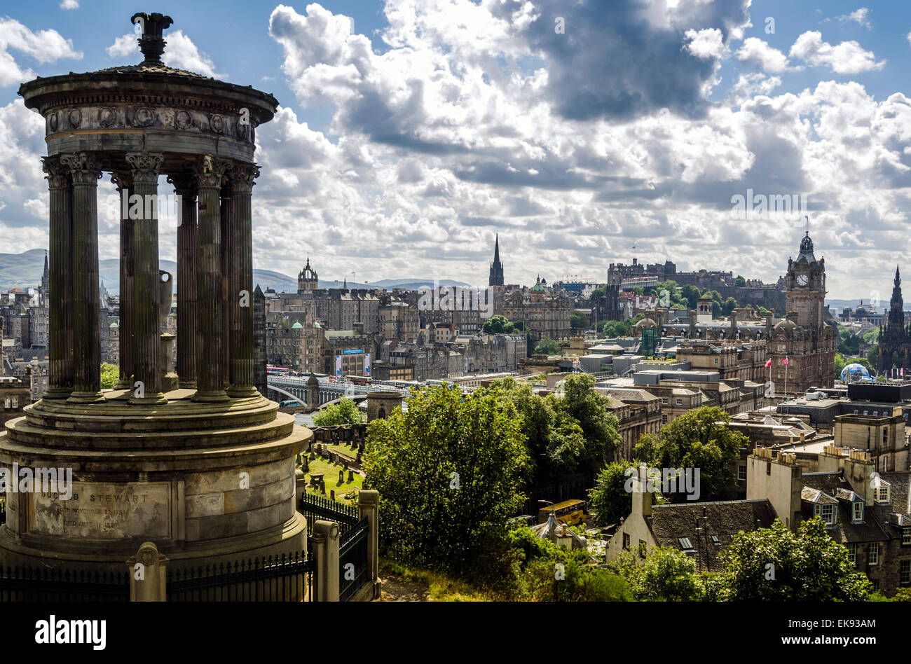 Views across Edinburgh from Calton Hill, showing the Dugald Stewart Monument n the foreground and the Castle in the distance. Stock Photo