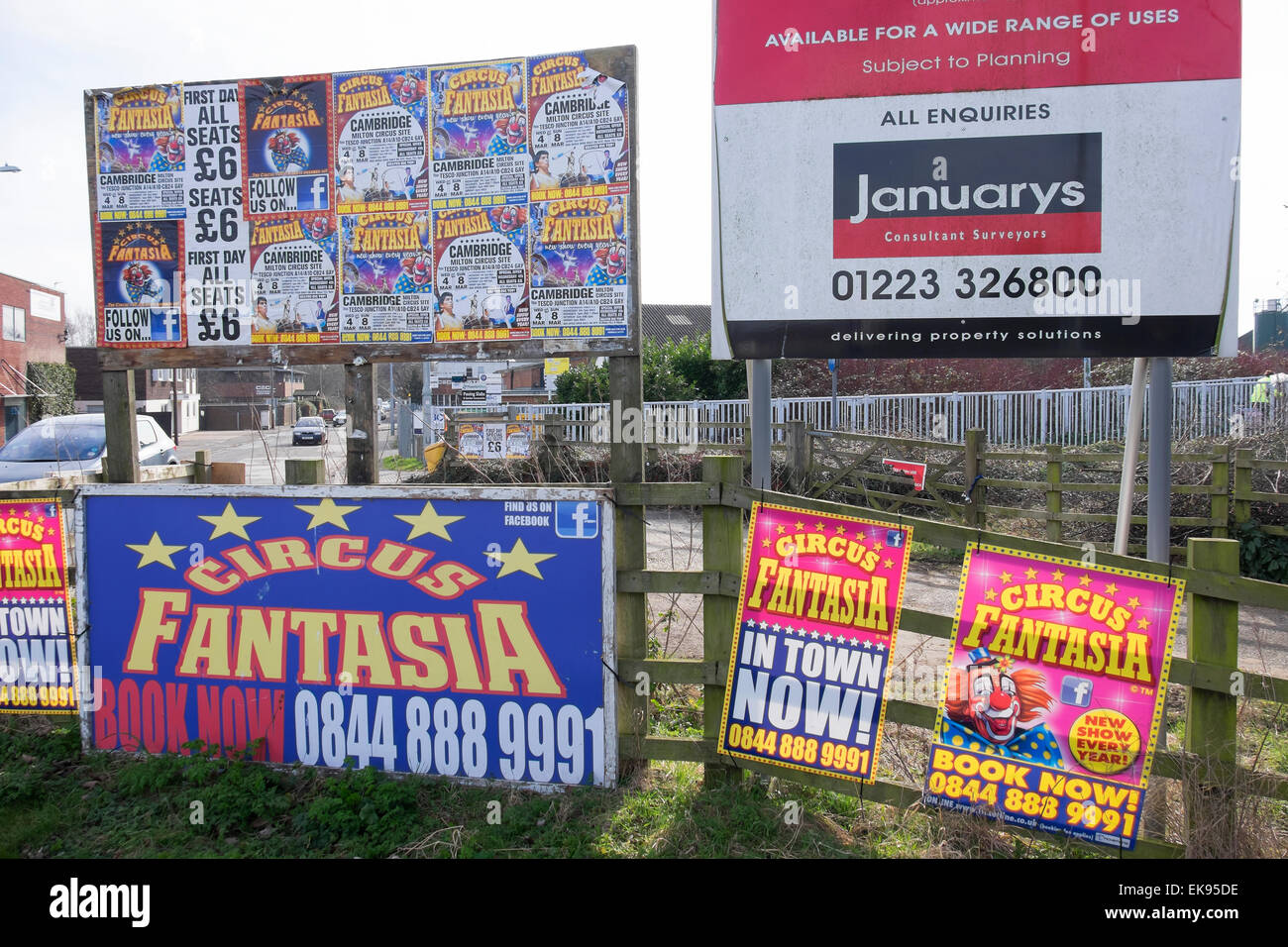 Mass of advertising notices for touring Fantasia circus visiting Milton village Stock Photo