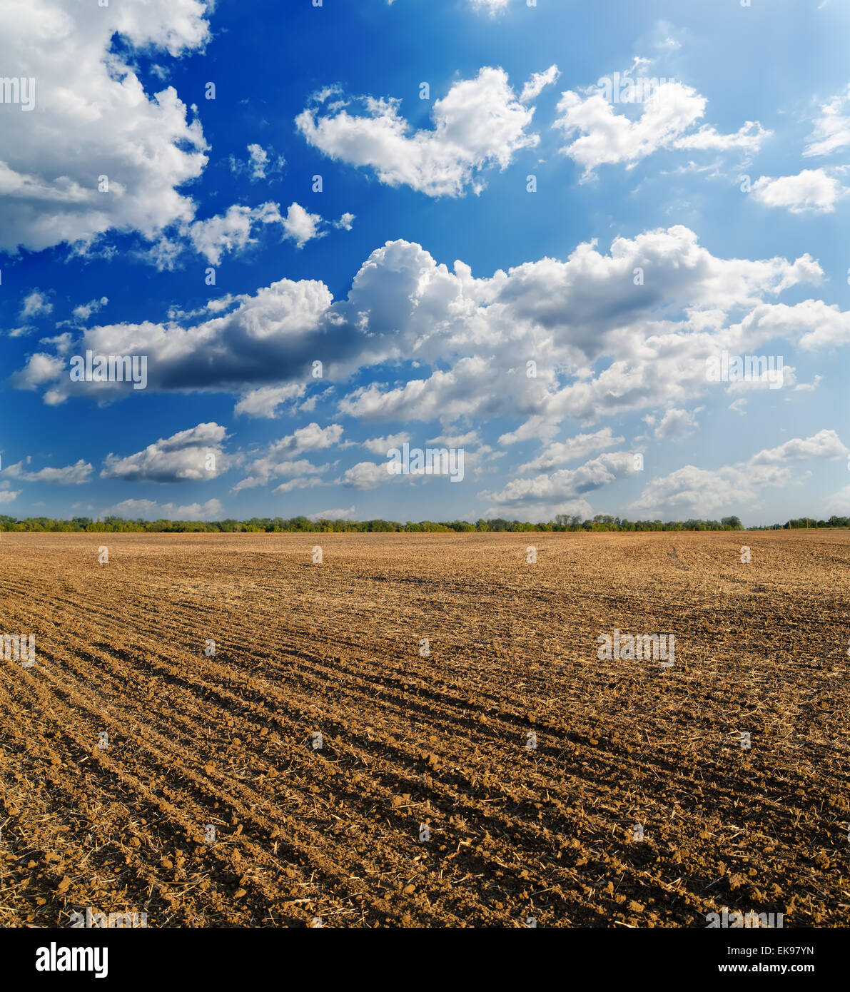 black ploughed field under deep blue sky with clouds Stock Photo - Alamy