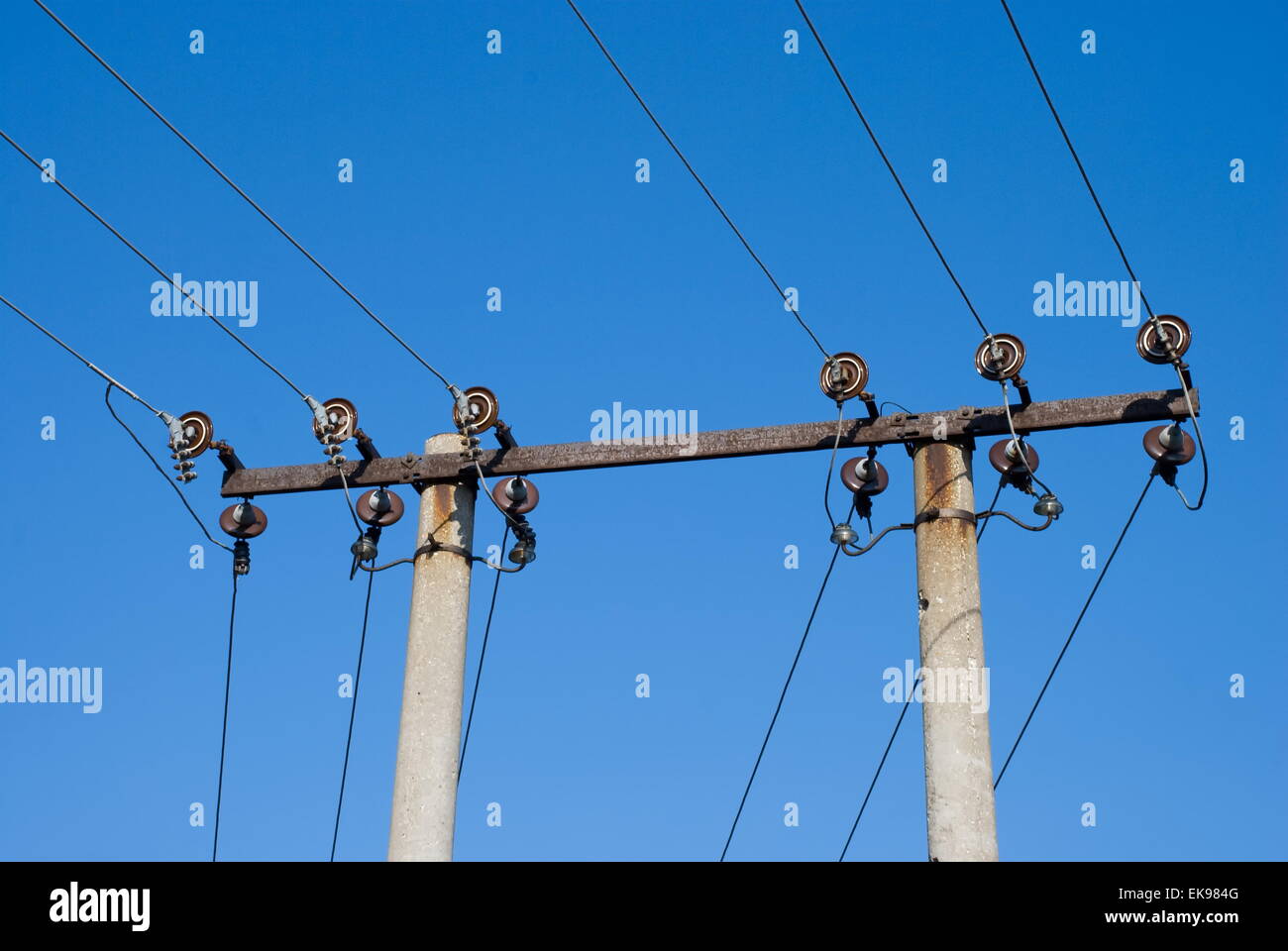 power lines against the blue sky Stock Photo - Alamy