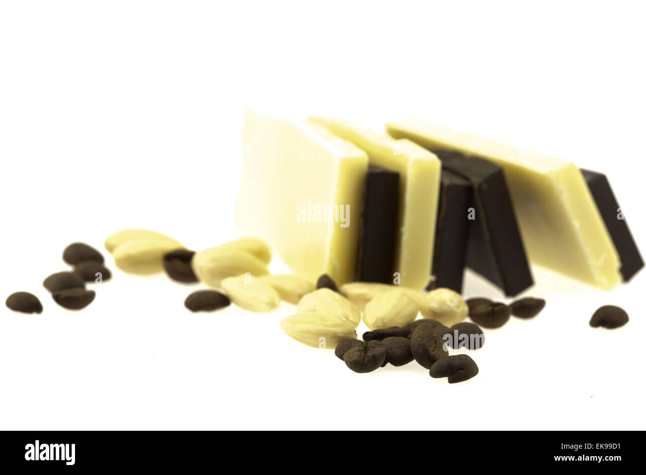 dark and white chocolate coffee beans and nuts, isolated on whit Stock