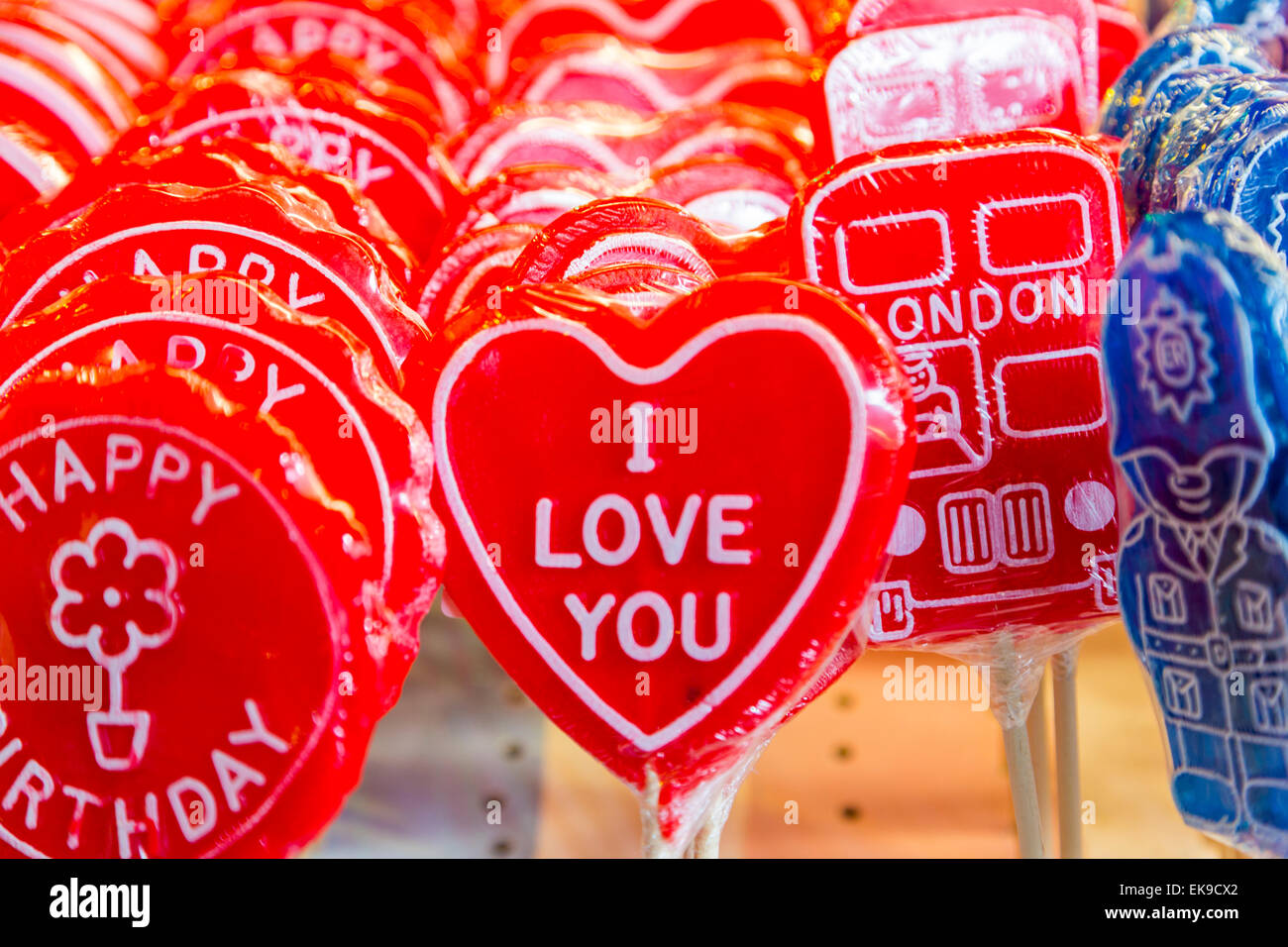 I Love You lollipops on sticks in bright red Stock Photo