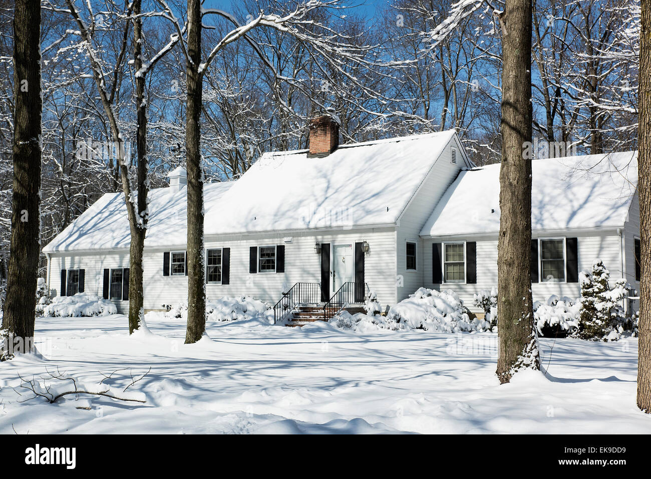 Snow falls outside a rural house, New Jersey, USA Stock Photo