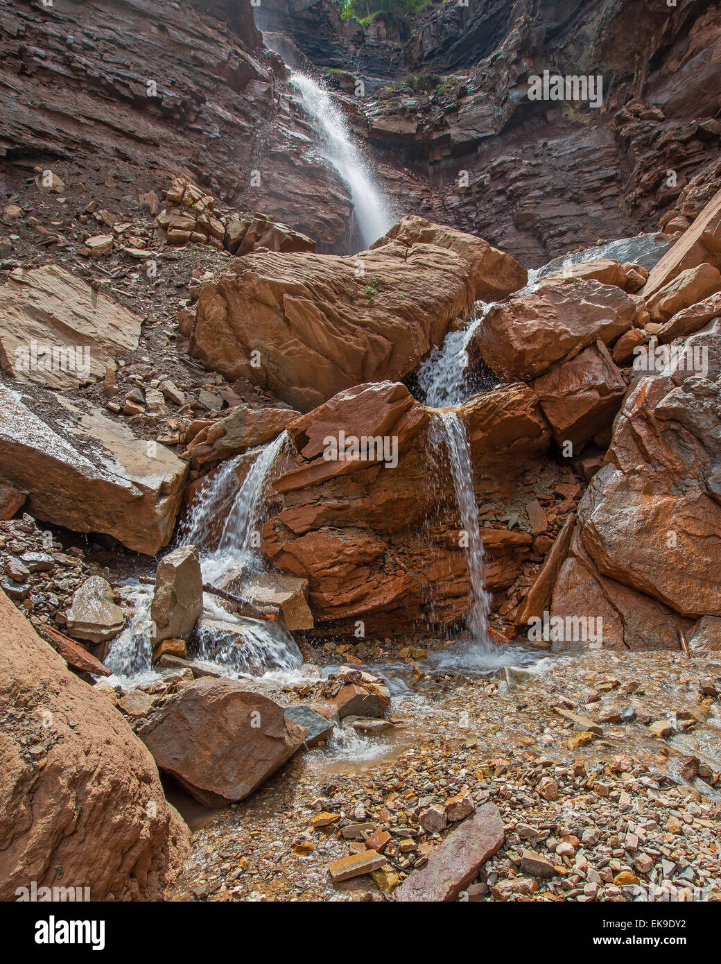 The Bletterbach geoparc. Canyon with waterfall and porphyry rocks. Italy. Europe. Stock Photo