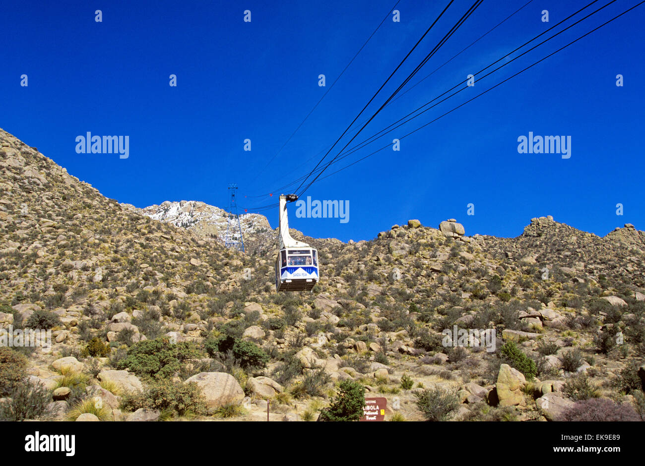 Sandia Peak Aerial Tramway, (2.7 miles) is the world's largest single span tram, Albuquerque, New Mexico, USA. Stock Photo