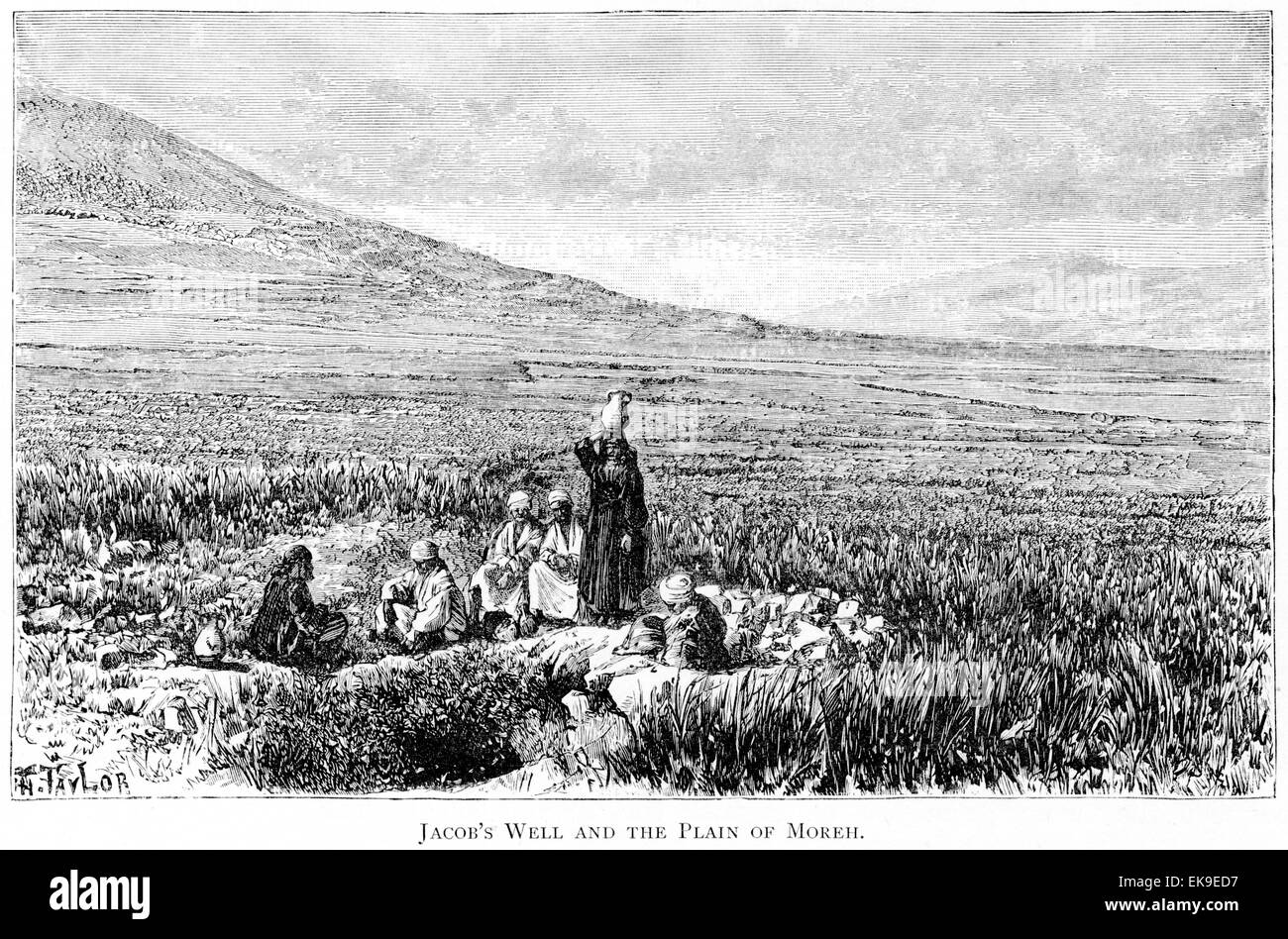 An engraving of Jacobs Well and the Plain of Moreh scanned at high resolution from a book printed in 1889. Stock Photo