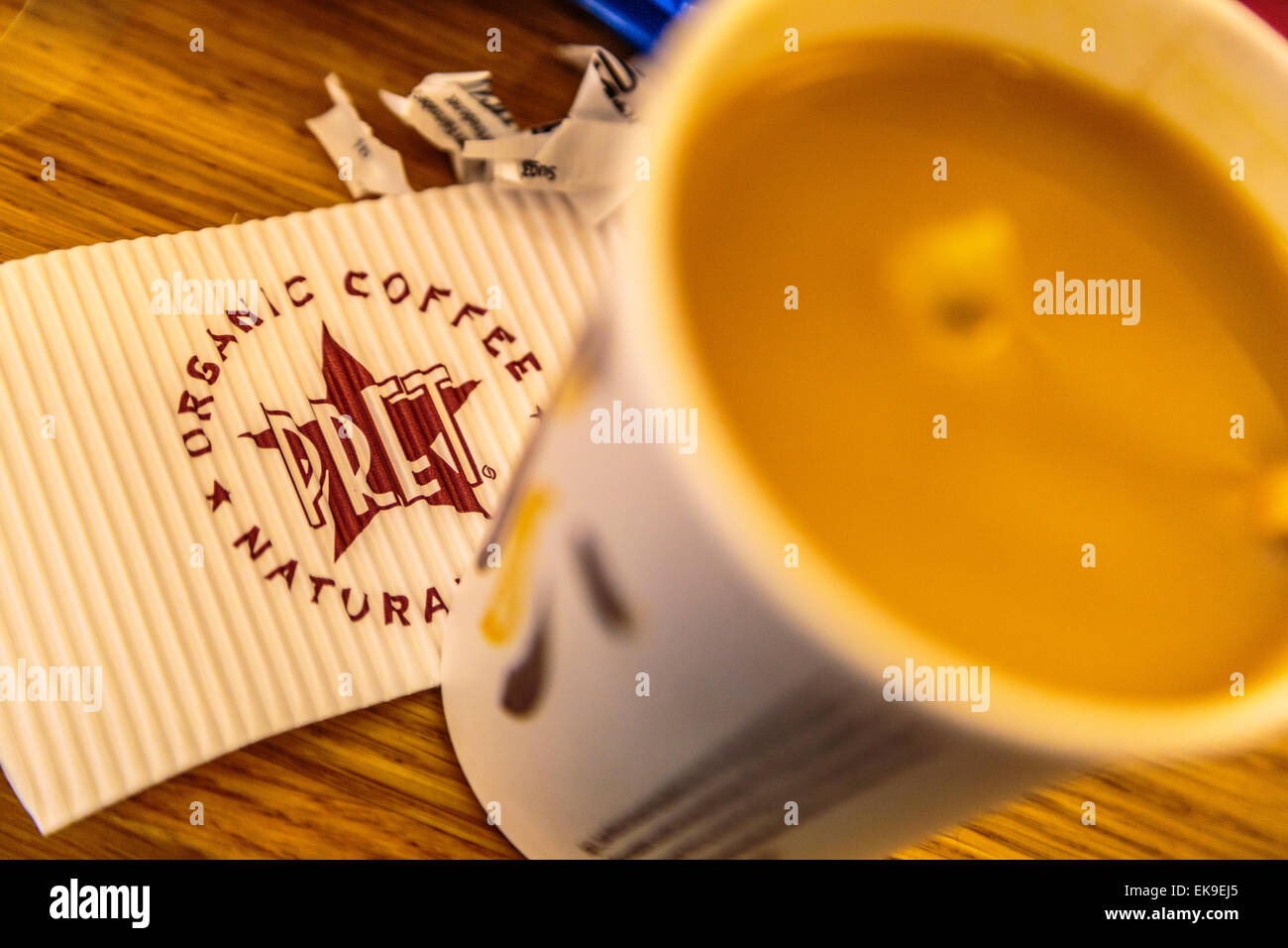 A landscape selective focus image of a Pret A Manger cup of tea in a takeaway cup Stock Photo