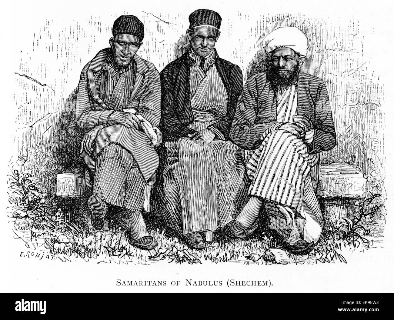 An engraving of Samaritans of Nabulus (Shechem) (now Nablus) scanned at high resolution from a book printed in 1889. Stock Photo