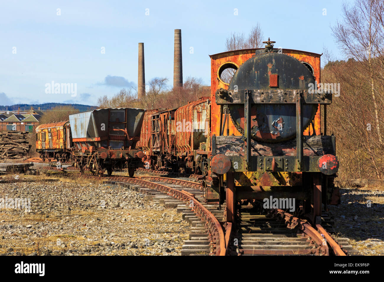 Old and abandoned rusting steam trains and railway carriages, Ayrshire, Scotland, UK Stock Photo