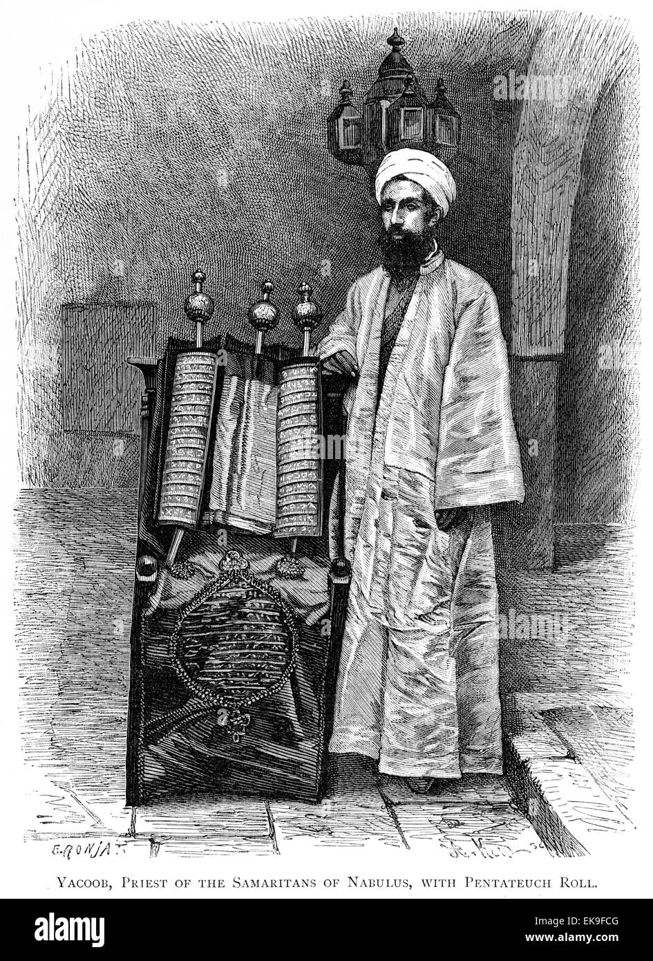 Yacoob, Priest of the Samaritans of Nabulus (Nablus) with Pentateuch Scroll scanned at high res from a book printed in 1889. Stock Photo