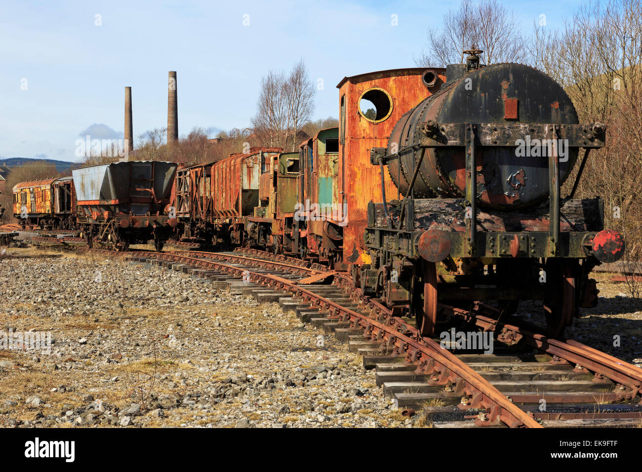 Old and abandoned rusting steam trains and railway carriages, Ayrshire, Scotland, UK Stock Photo